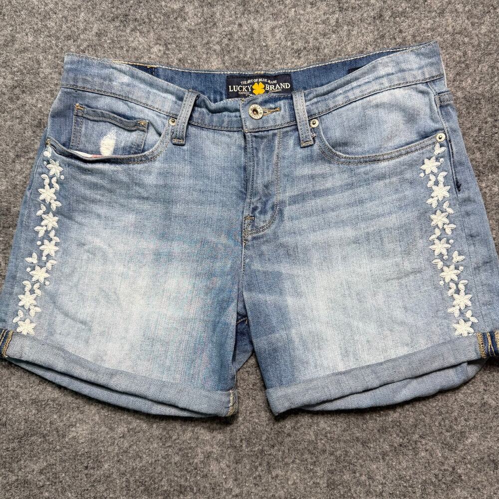 Lucky Brand The Roll Up Denim Shorts Women’s 4/27 Floral Embroidered Cuffed